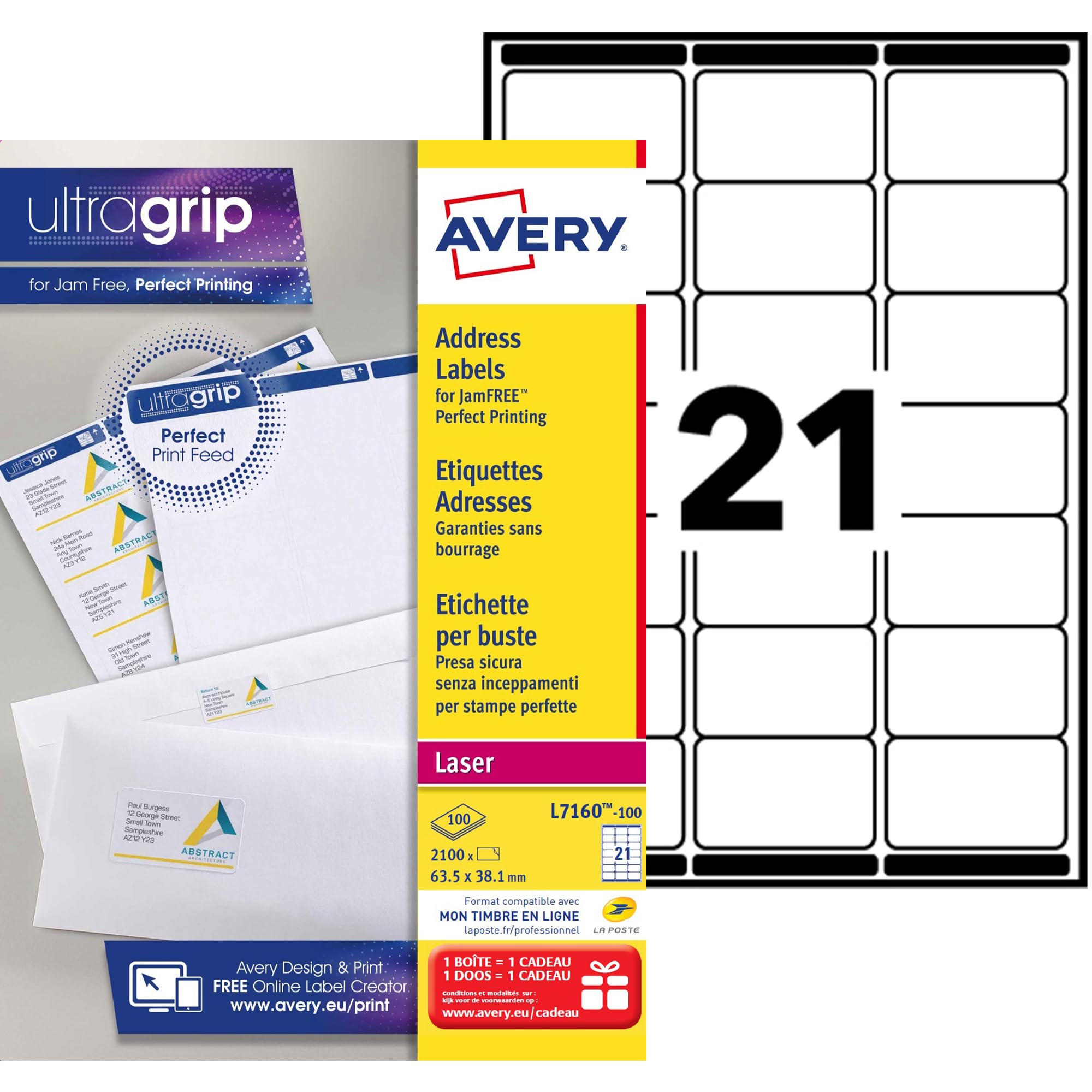 Avery España L7160-100 - Etiquetas adhesivas blancas ideales para para envios paquetes, imprimibles, medida 63.5 x 38.1 mm,ja Caja de 2100 etiquetas