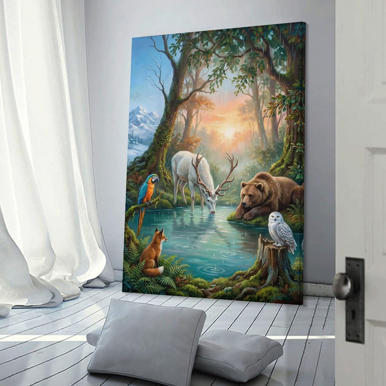 Junmoney Enchanted Forest Animals by A Lake Wall Picture Print 16x24inch(40x60cm), for Home Walls, Creative Rooms Or Shared Spaces, Stylish Home Artwork for Focal Walls