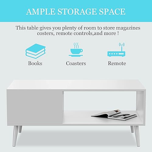 Miniatura 8 de Yusong Mesa de centro moderna de madera para sala de estar, mesas centrales retro de mediados de siglo, mesa de cóctel con estante de almacenamiento