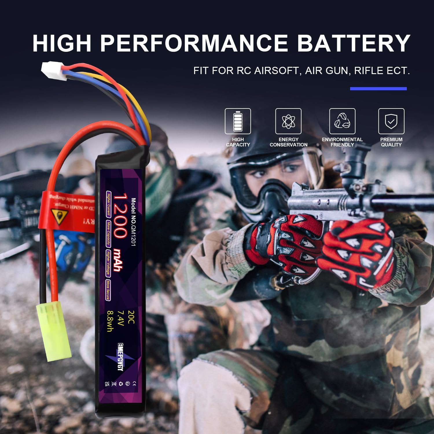 Lipo 2096 - Batteria ricaricabile ai polimeri di litio da 7,4 V, 1200 mAh, 20 C, con mini spina TMY per fucili da softair