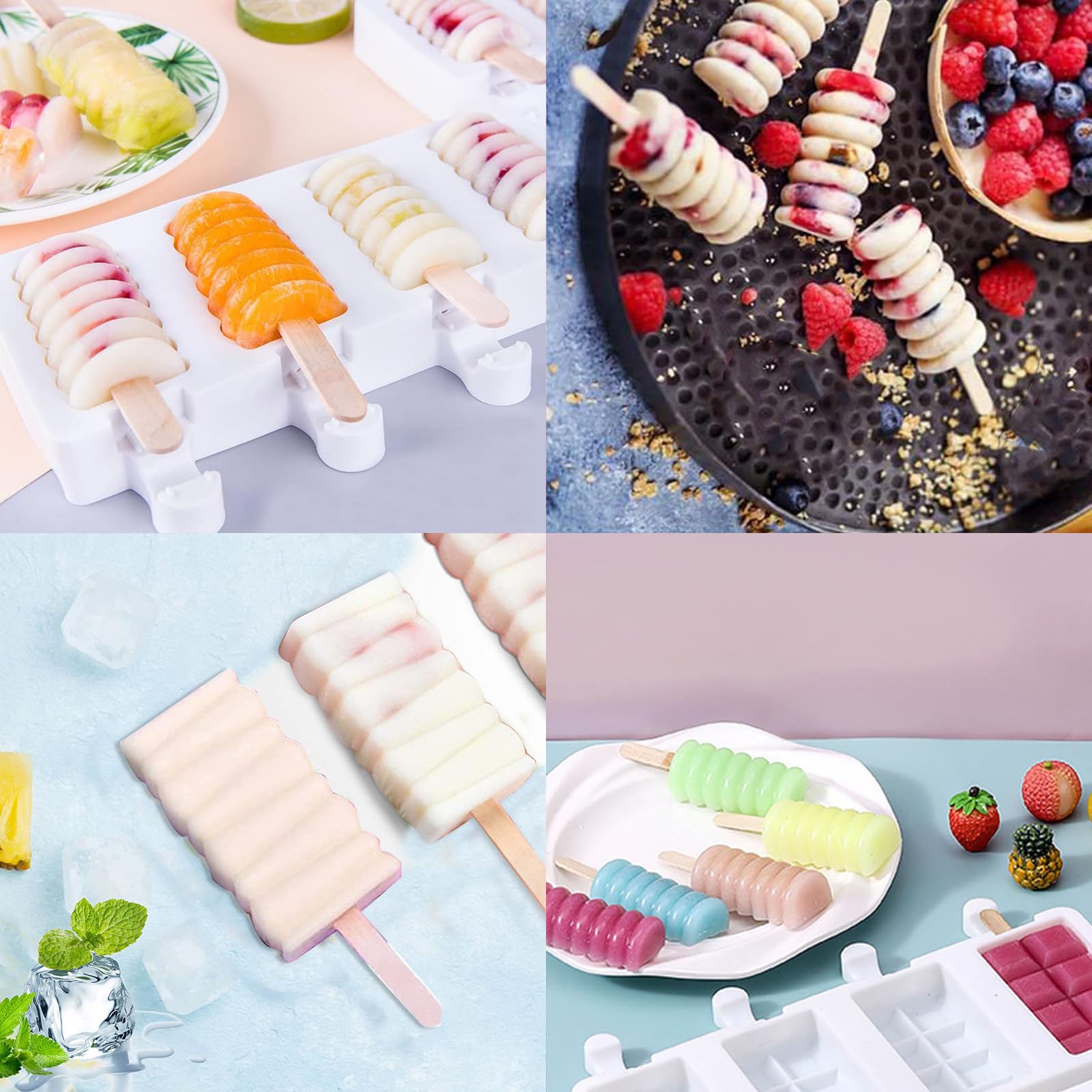 Moldes para Helados, Juego de 2 moldes de paletas de silicona, moldes de paletas caseras de 4 cavidades, moldes de paletas con 100 palitos de madera para helado de paletas DIY