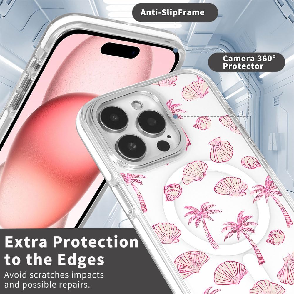 DAIZAG Case for iPhone 16 Plus, [Compatible with MagSafe],Pink Seashells Palm Trees Beach Phone Case for Women Girls Magnetic Clear Cover Case for iPhone 16 Plus image 3