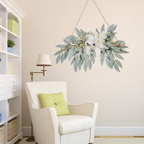 Miniatura 3 de Guirnalda de hortensias artificiales, hecha a mano, guirnalda floral para decoración de pared con flores de hortensias blancas y hojas de sauce, aro