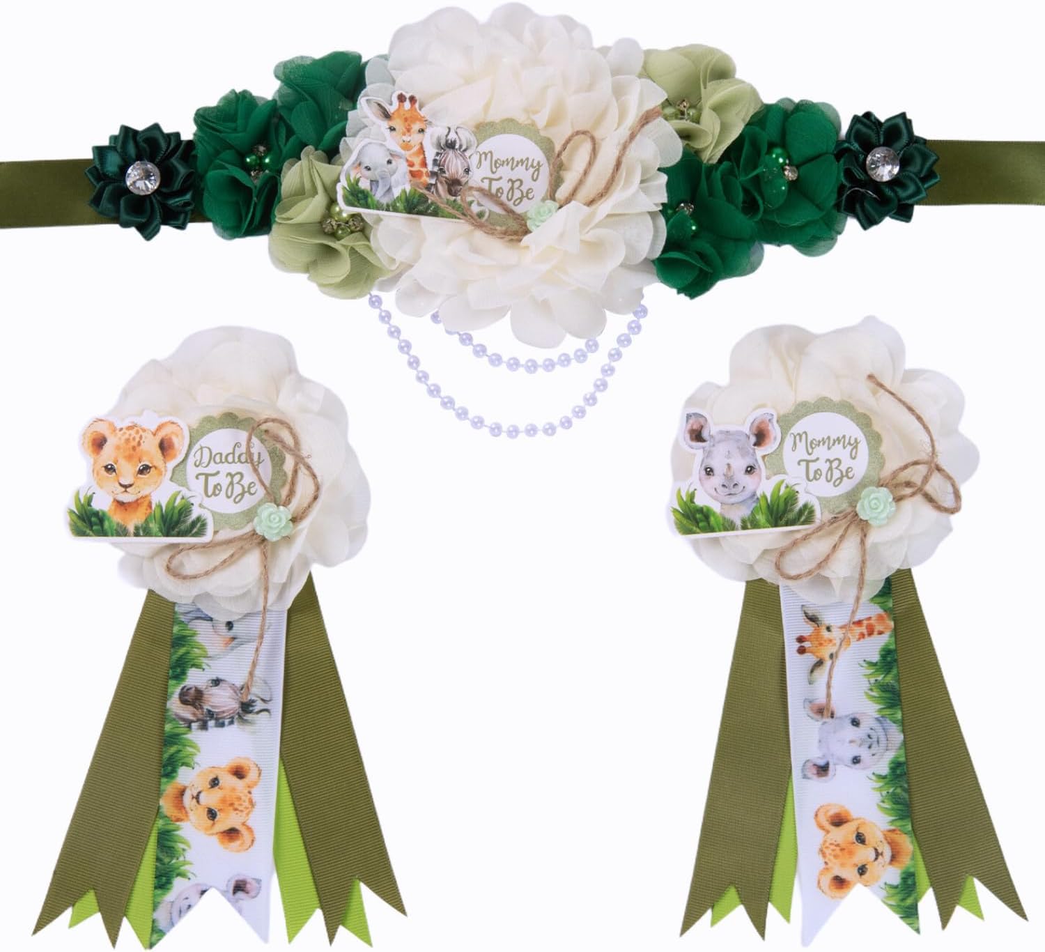 3 Pack Safari Mom to Be Sash Daddy to Be Corsage Pins Flower, Jungle Animal Baby Shower Sash, Maternity Sash Belly Belt Gift for Gender Reveal Baby Shower Decorations Mommy Dad