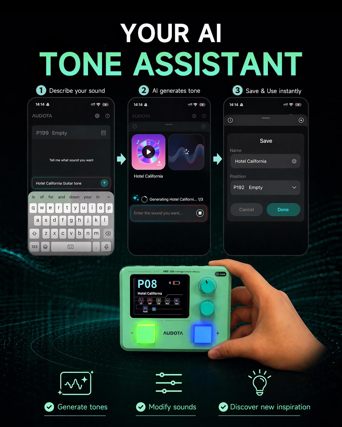AME‑100 Multi‑FX Prozessor für E-Gitarre – mit KI, 147 Effekte, 55 Amp Models, IR Support