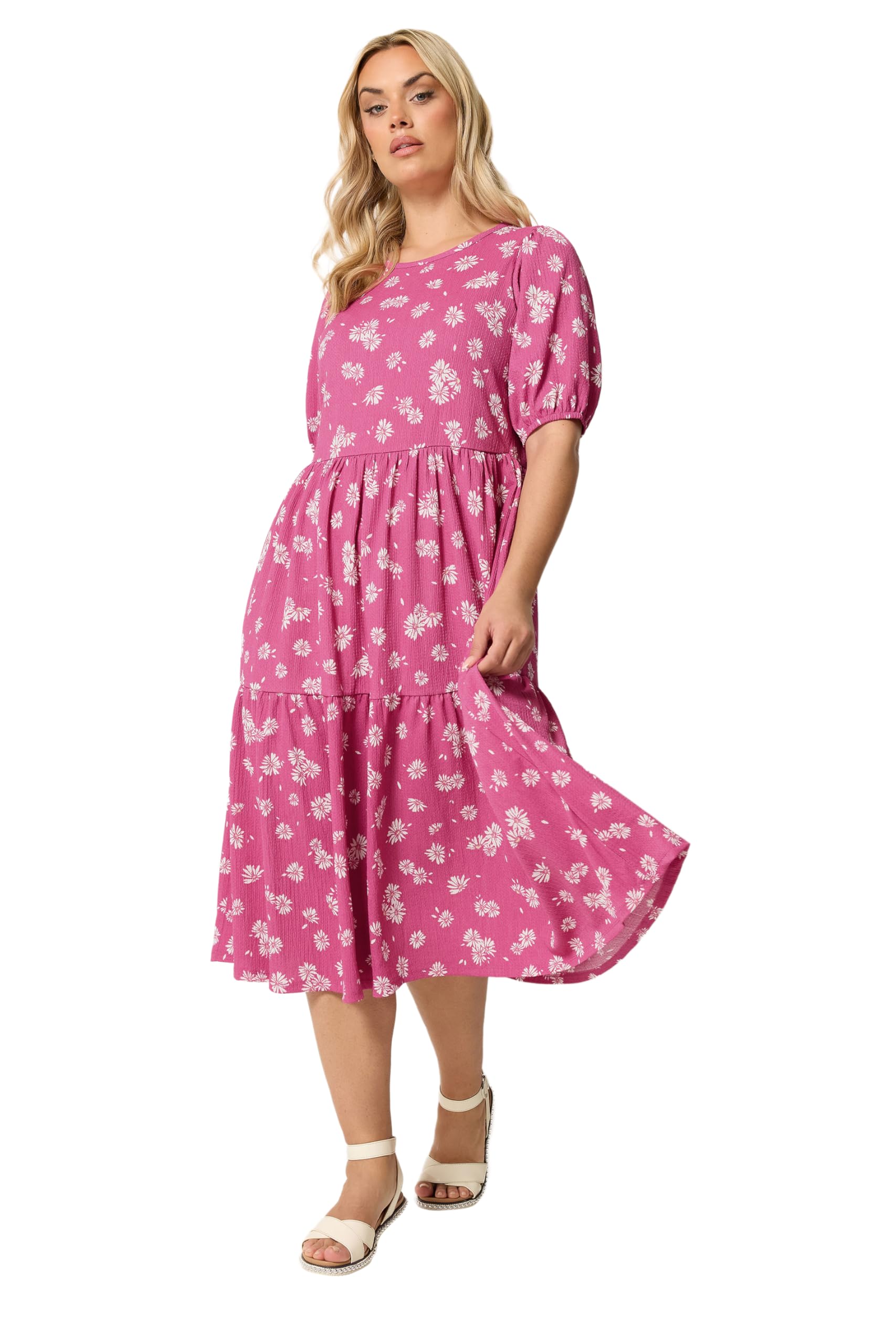 Yours Women's Pink Daisy Tiered Midi Dress In Size 26-28