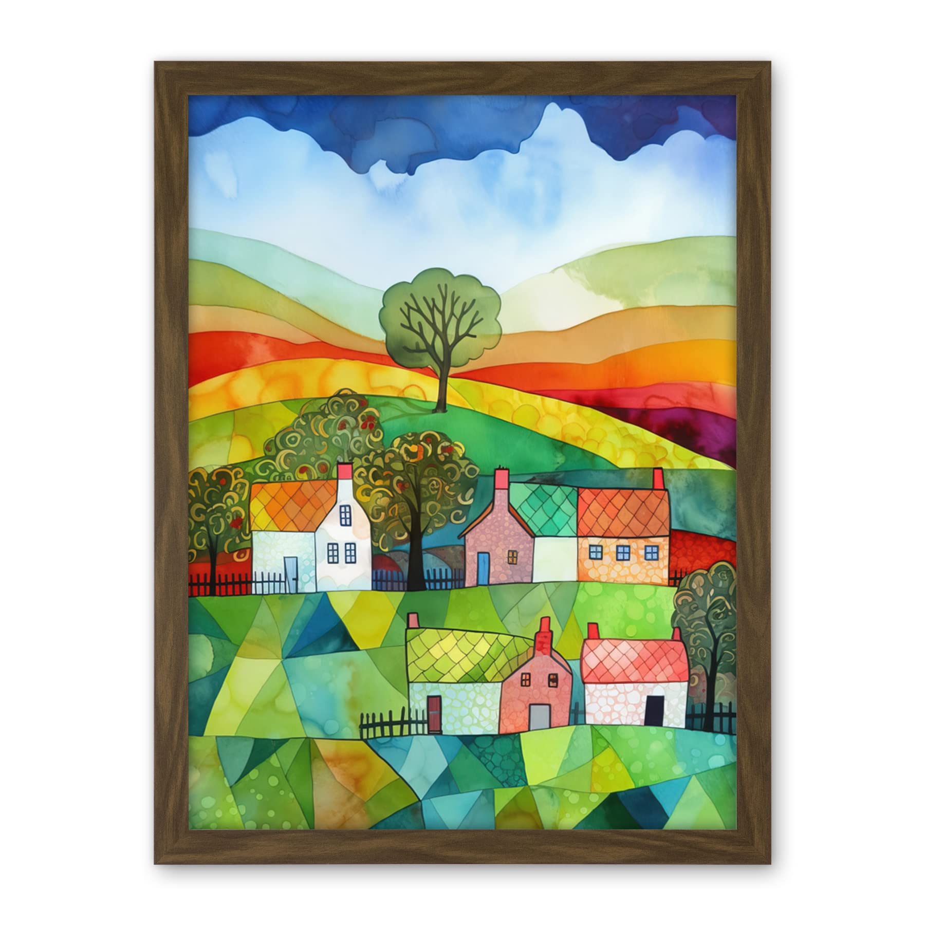 Artery8 Rural Landscape Rainbow Countryside Folk Art Watercolour Painting Artwork Framed Wall Art Print 18X24 Inch