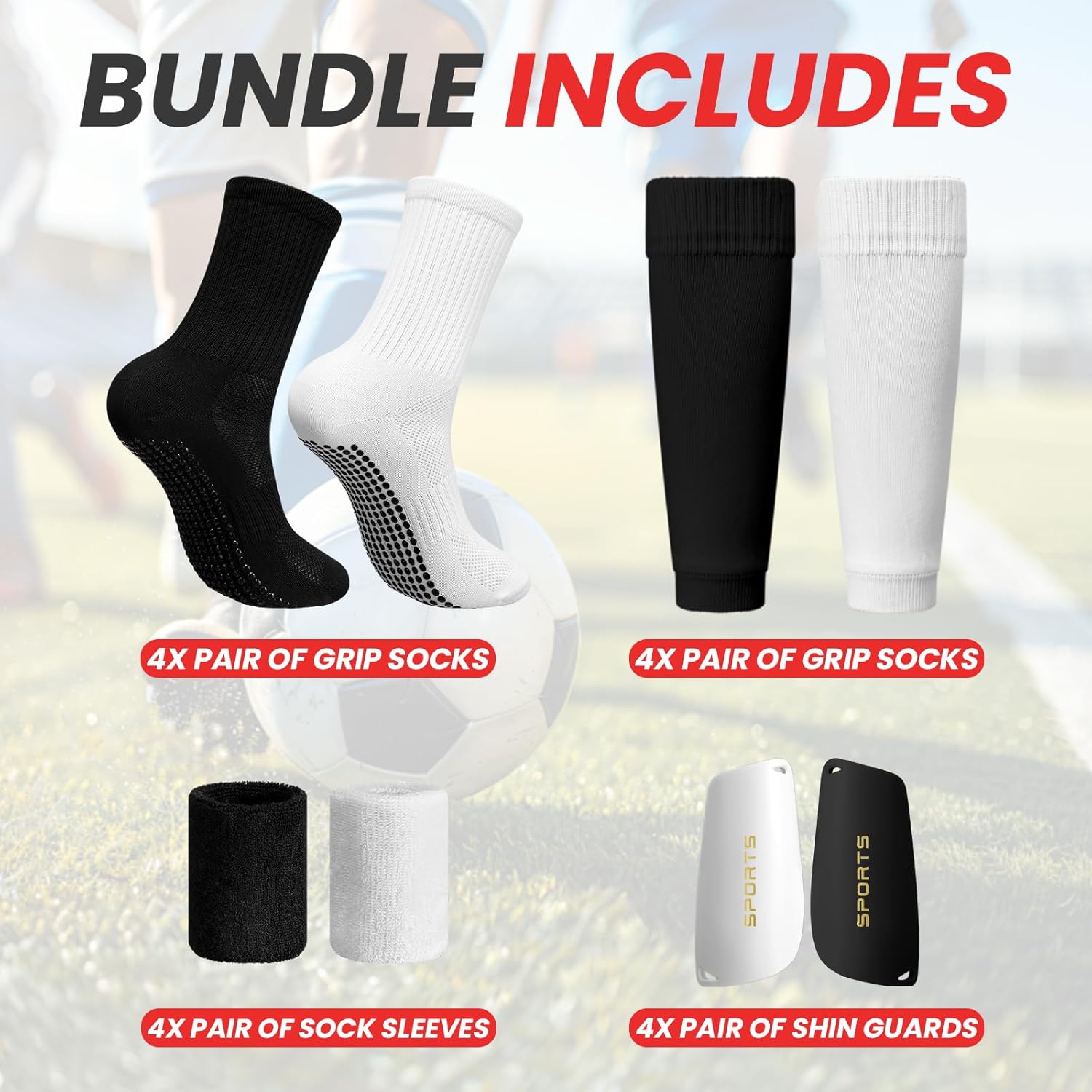 16 Set Soccer Anti Slip Grip Socks Shin Guards with Sleeves Wrist Band Sports Athletic Socks White and Black Pack Essential Equipment for Soccer Players Football Basketball Men Women Youth - Image 4