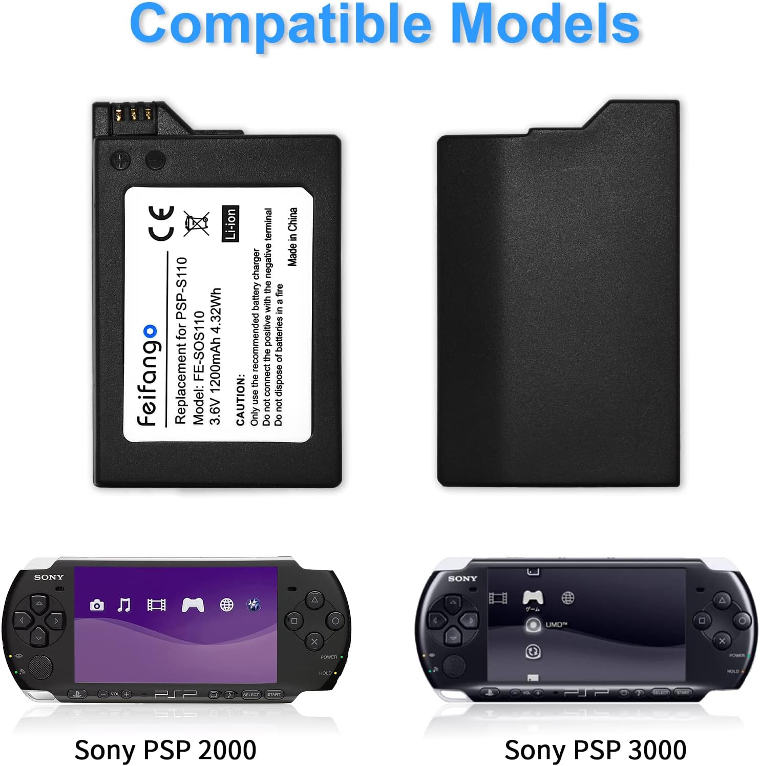 1200mAh Replacement Battery Compatible with Sony PSP 2000/3000 PSP S-110 Console