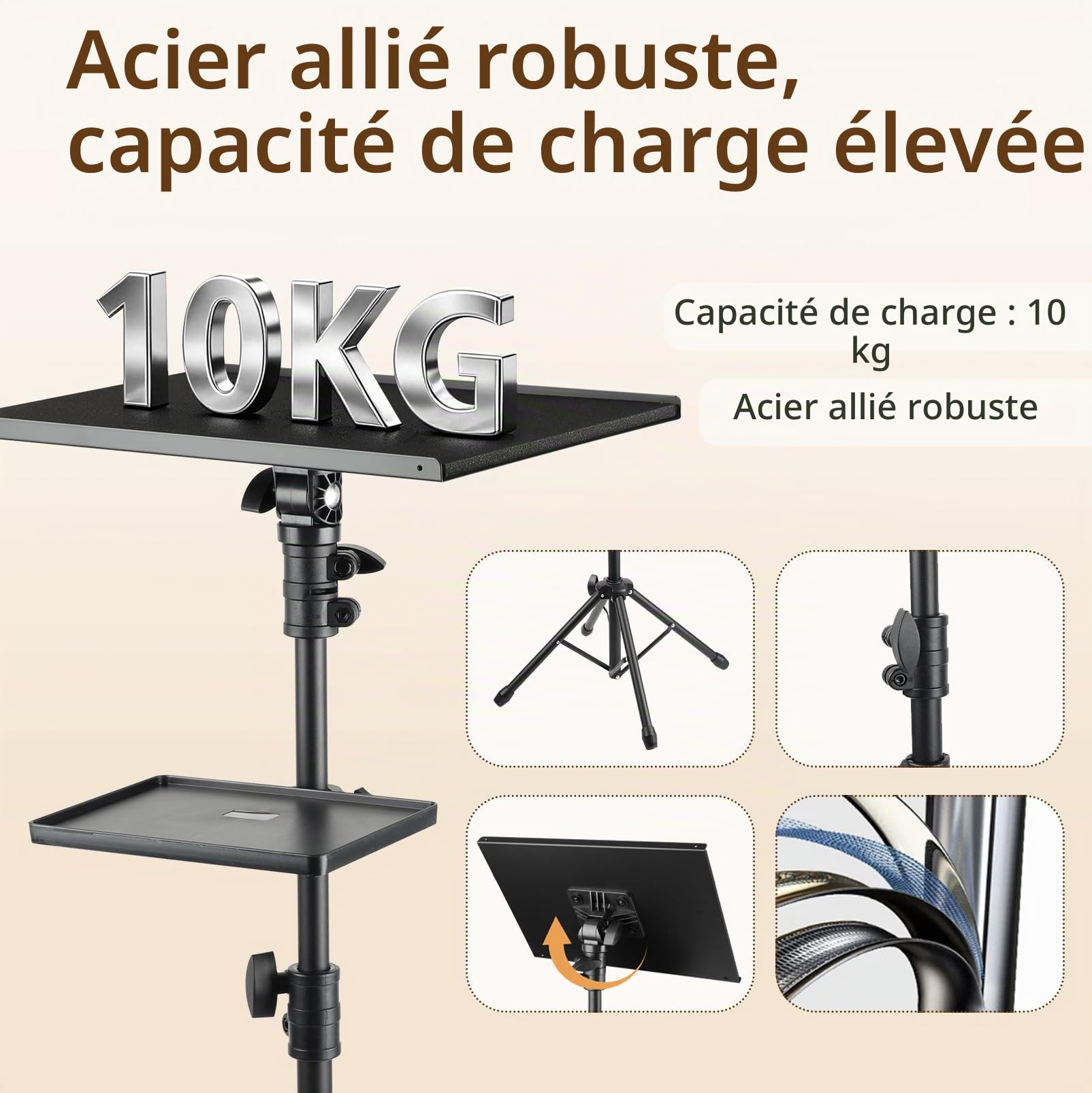 Support Vidéoprojecteur Double Plateau Réglable 70-135 cm 10 kg Charge