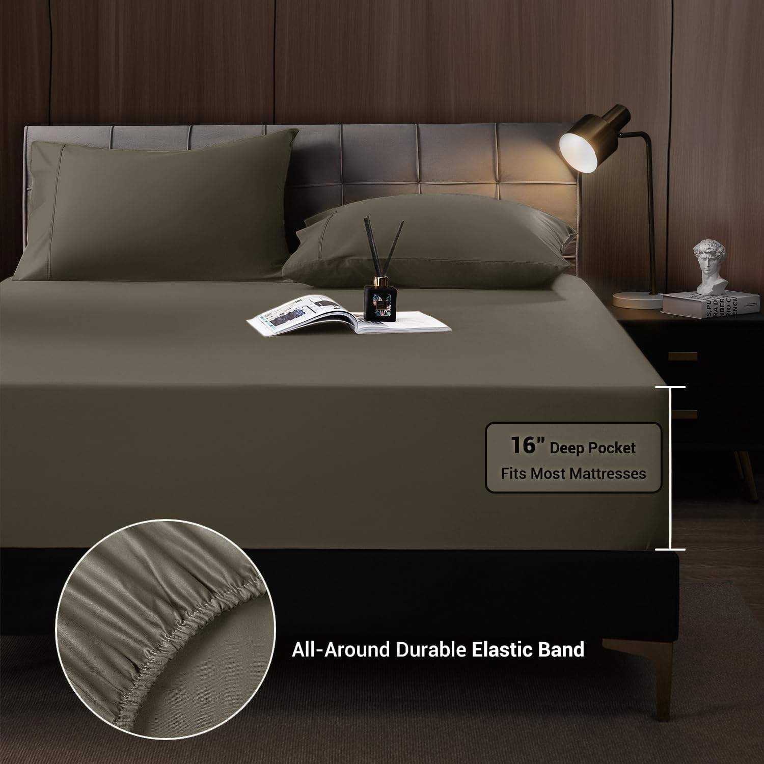 Shilucheng 4 Piece King Sheet Sets, Cooling Sheets, Blend Rayon Derived from Bamboo, Deep Pocket Up to 16", Breathable & Soft Bed Sheets, Hotel Silky Bedding Set, Taupe - Image 8