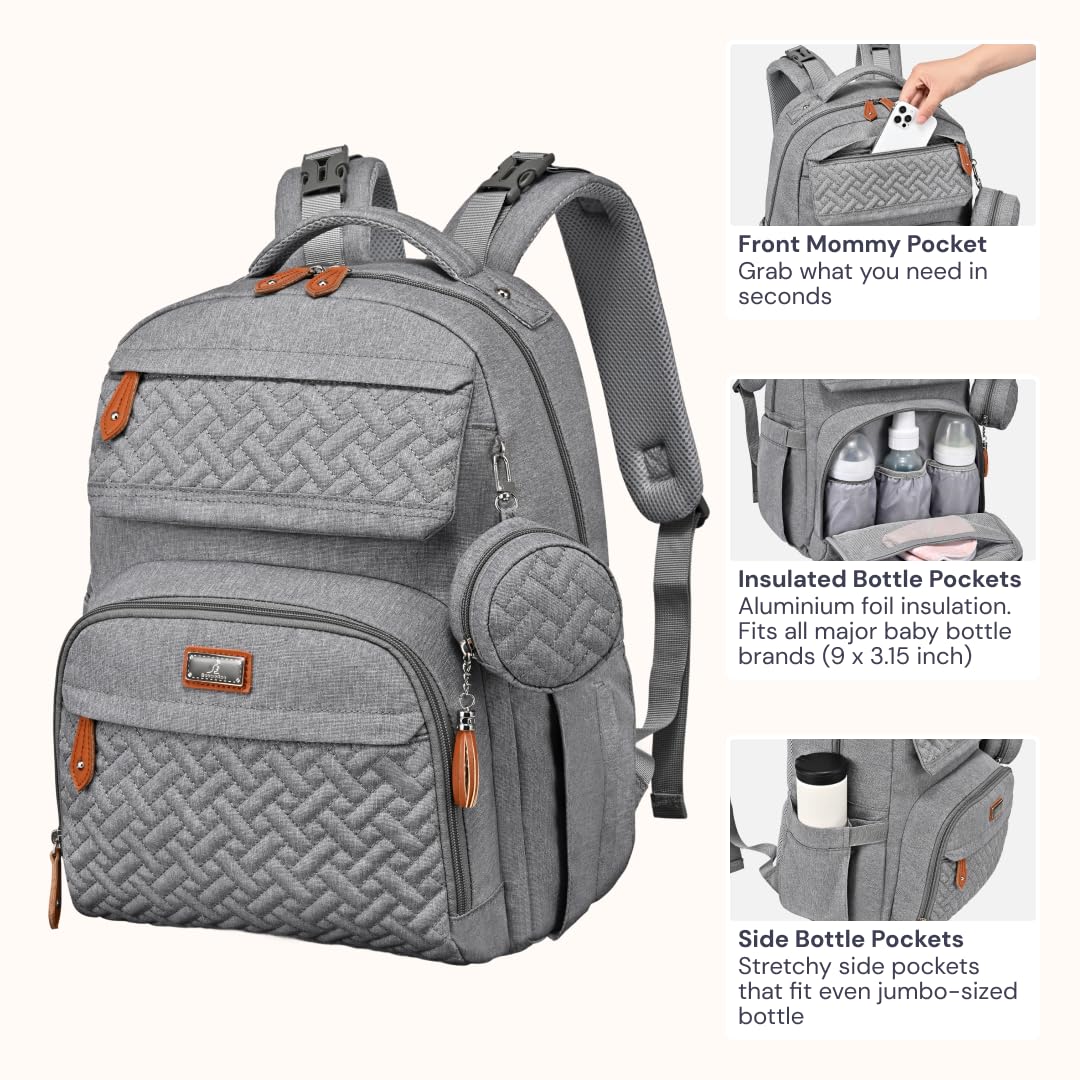 BabbleRoo Diaper Bag Backpack - Travel Large Baby Diaper Bag with Changing pad, Waterproof Baby Bags for Mom & Dad, Unisex Bags with Pacifier Case, Luggage Strap & Stroller Clips– Light Gray - Image 4