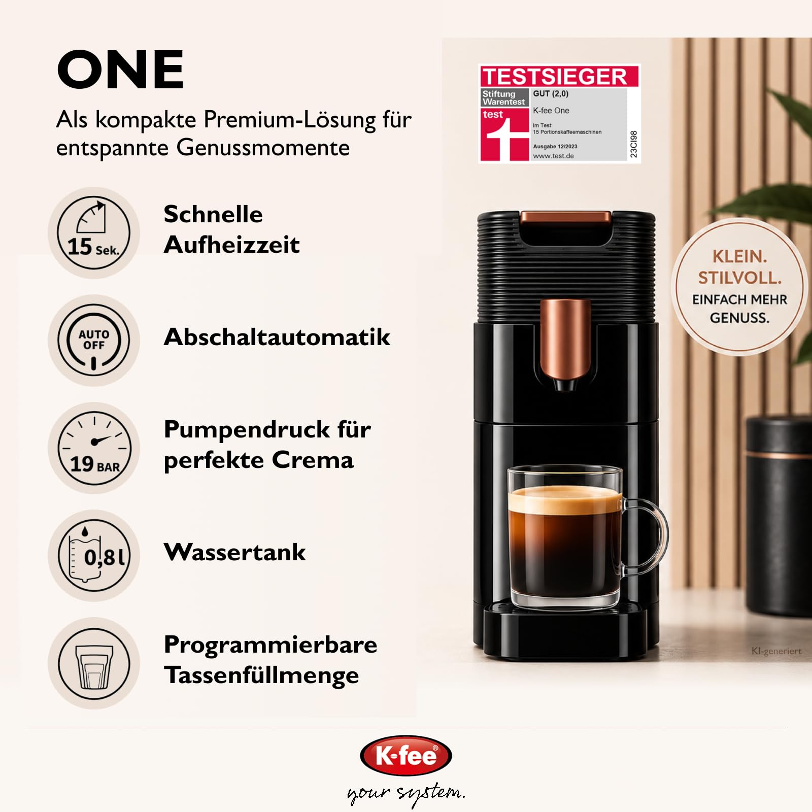 K-fee ONE Máquina de cápsulas para café, té y cacao, cafetera compacta, calentamiento rápido, depósito de agua de 0,8 L, 19 bar, cobre negro, ganador de la prueba Stiftung Warentest 2023 | ALDI EXPRESSI compatible | Ganador de la prueba Stiftung Warentest
