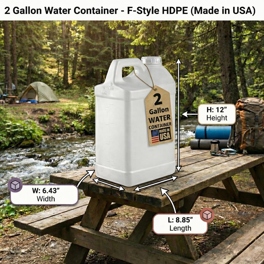 kitchentoolz 2 Gallon Water Jug with Lid – Heavy-Duty HDPE F-Style Plastic Jug for Drinking Water, Camping, Emergency Storage & Utility Liquids – Made in USA - 2 Pack