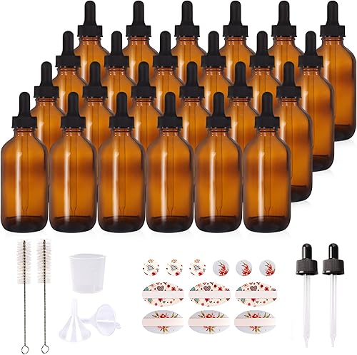 Paquete de 24 botellas de vidrio ámbar de 4 onzas con cuentagotas de vidrio para aceites esenciales, perfumes y productos químicos de laboratorio