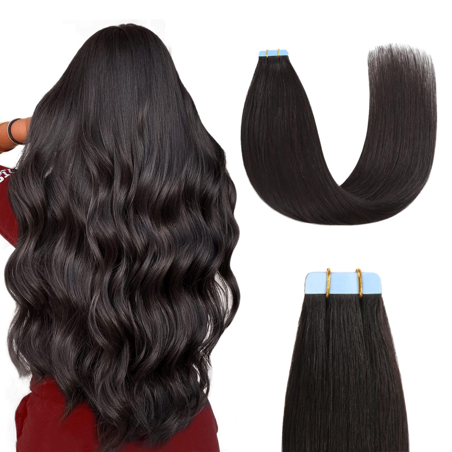 Sunya Tape in Extensions Echthaar Natürliches Schwarz Klebeband in Echthaar verlängerungen Klebstoff Tape Extensions Echthaar Invisible Glatte Skin Weft Tape in Hair Extensions 45cm 20 Stück 50g/Pack
