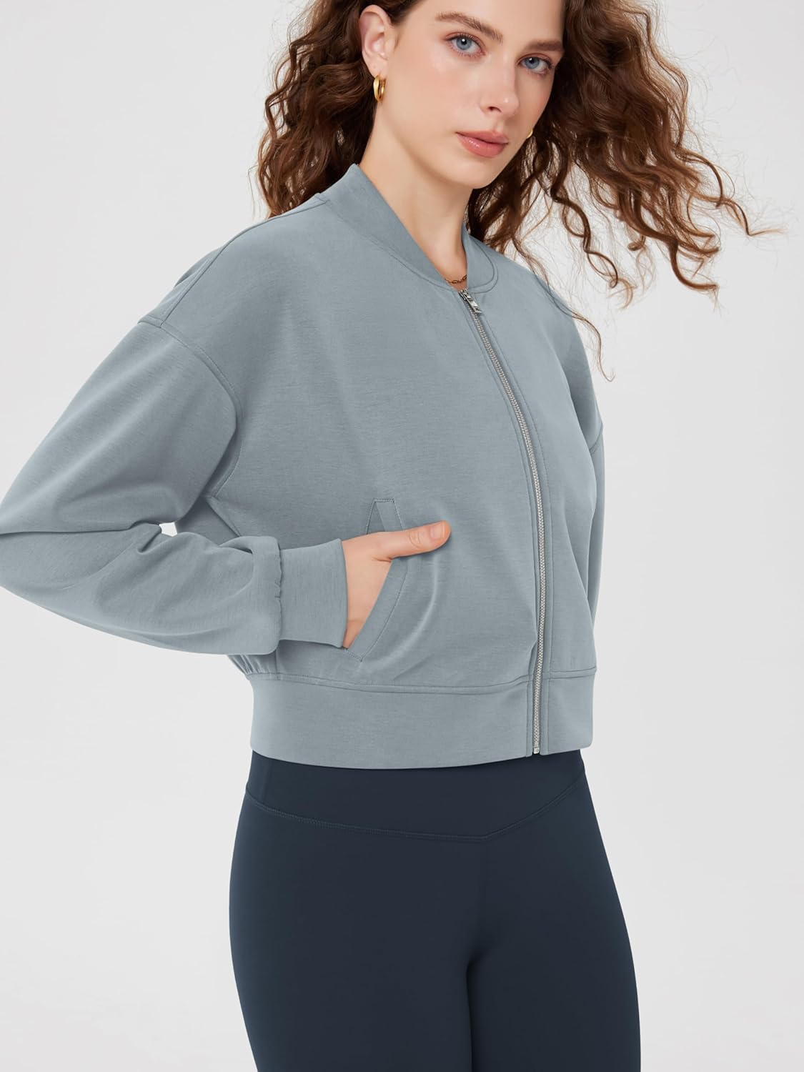 ODODOS Modal Soft Full-Zip Bomber Jacket for Women Long Sleeve Casual Fall Outfit Crop Top with Pockets - Image 3