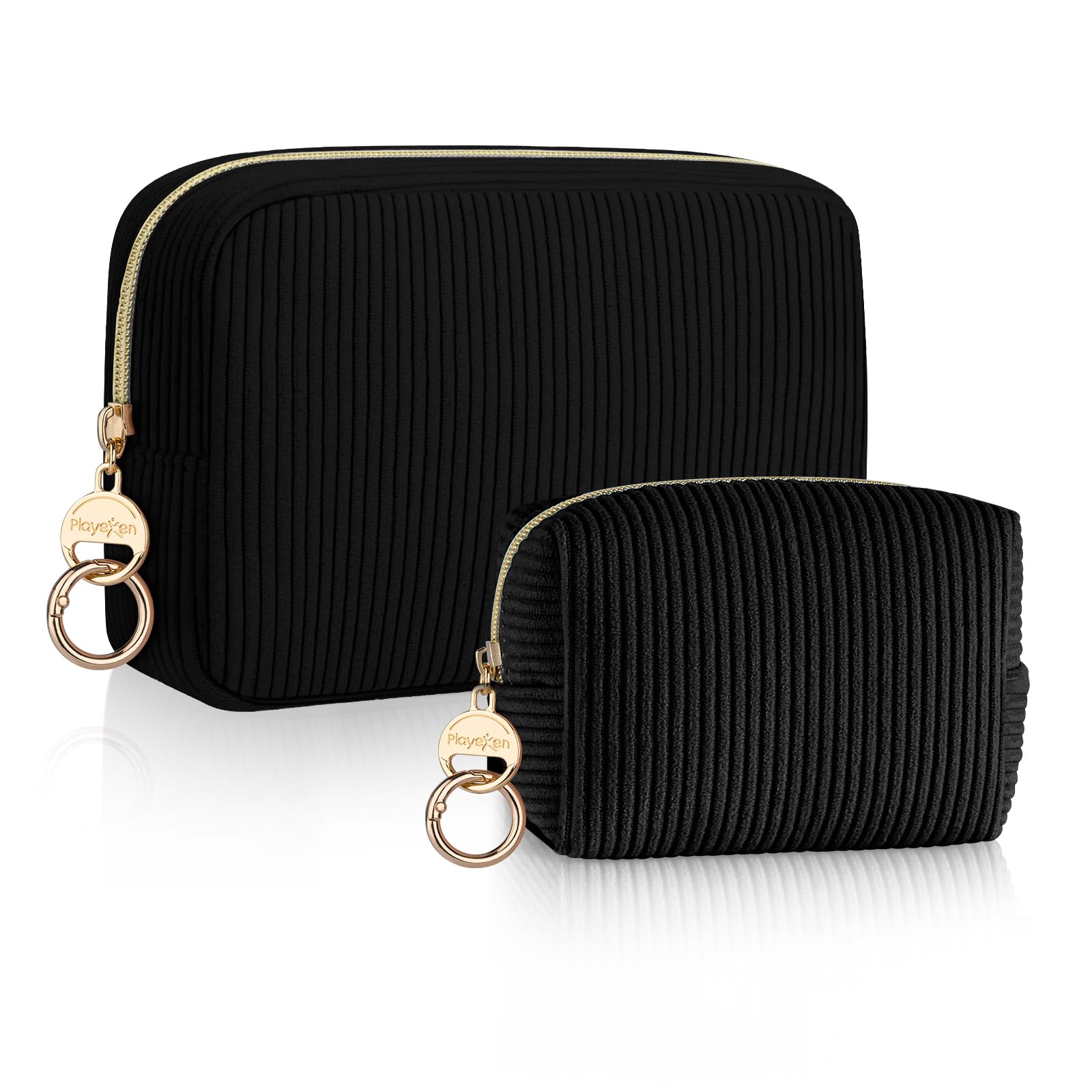 2 Stück Kosmetiktasche Set mit Schminktasche Klein&Mini-Kulturbeutel Verdickter Cord Tragbare Mini Make up Tasche Kleine Tragbare Kulturtasche für Reisezubehör-Organizer Geldbeutel Damen(Schwarz)