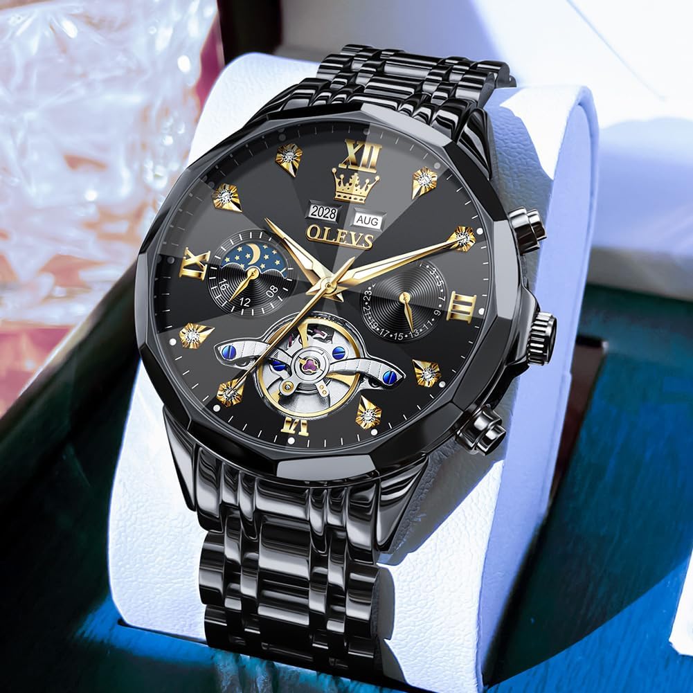 OLEVS Skeleton Men Watches Automatic Business Luxury Diamond Self Winding Watch for Men Stainless Steel Calendar Wrist Watch - Image 8
