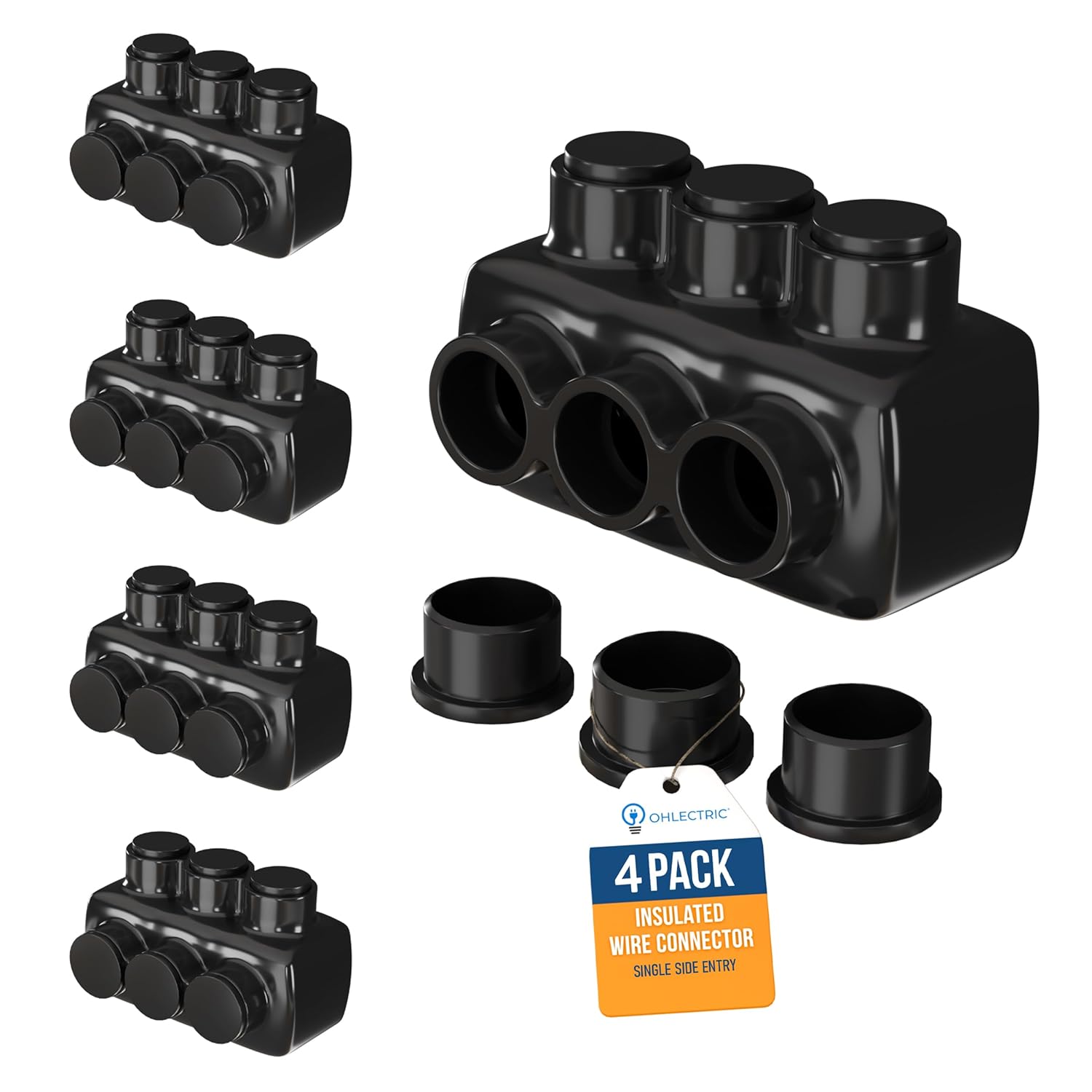 OHLECTRIC 4 Pack - Insulated Wire Connector 3 Port Single Side Entry for 4-14 Wire Range Lugs with 3/16 Hex Screw, Pre-Filled with Oxide Inhibitor - Wire Connectors, Electrical Connectors, Wire Tap