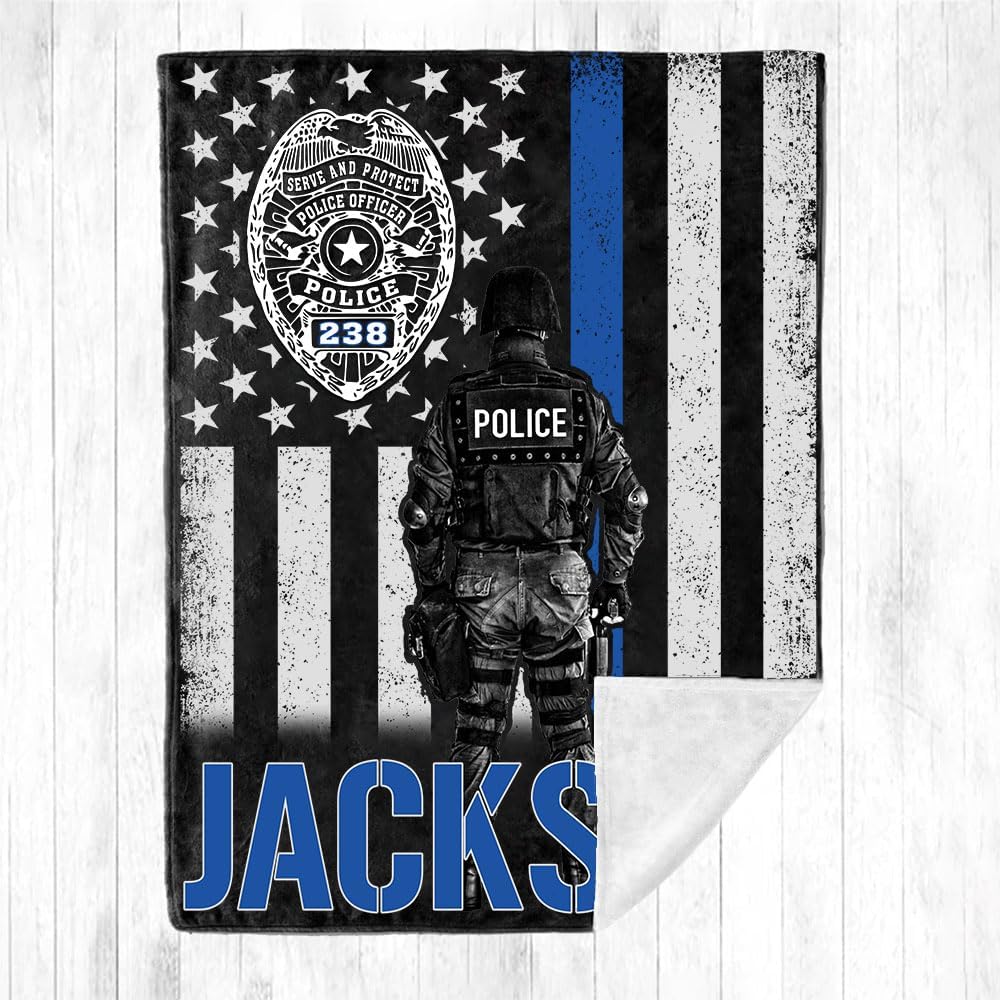 Personalized Police Officer Blanket, Thin Blue Line Blanket, Custom Police Blankets for Men, Police Gifts