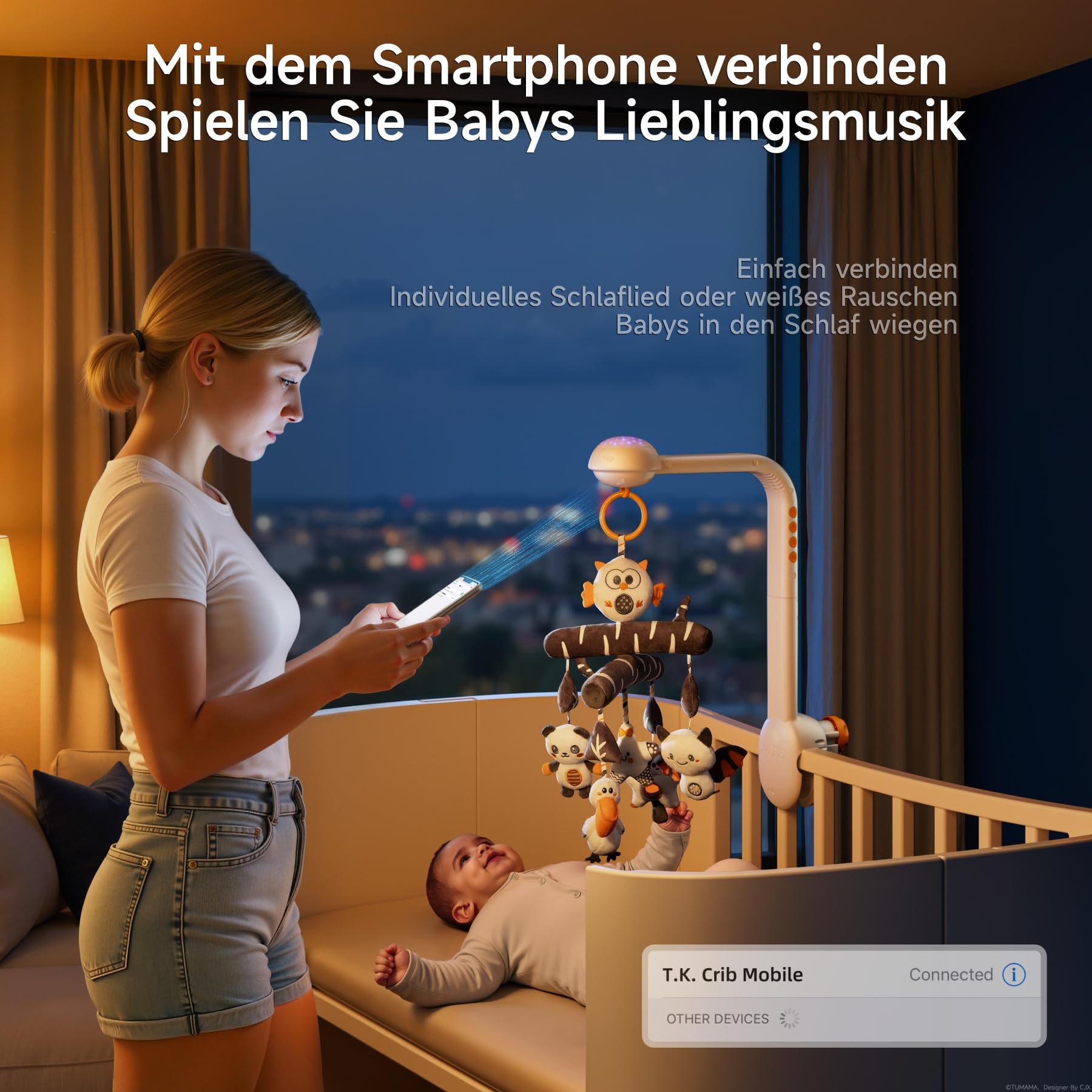 TUMAMA Baby Mobile Babybett Mit Musik, 3 In 1 Baby Mobiles Für Bett Mit Projektion Licht, Rotation, Musik Spieluhr, Drehbares Und Abnehmbares Greifspielzeug Zubehör Spielzeug Ab 0 2 3 6 9 12 Monate
