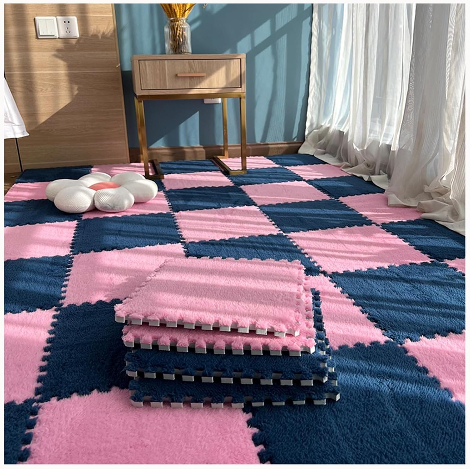 40pcs Thicken Plush Interlocking Foam Carpet Tiles with Border, 12"x12" Soft Fluffy Carpet, Puzzle Mats for Floor, Shaggy Square Foam Floor Mat Tiles(Royal Blue+Light Red)