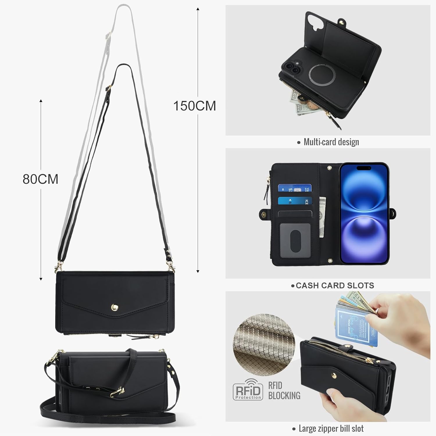 Asuwish Phone Case for iPhone 17 6.3 inch 2025 Wallet Cover Compatible with Magsafe RFID Screen Protector Crossbody Lanyard Strap Flip Card Holder Slot Zipper Cell Purse i Phone17 i17 17Case Black