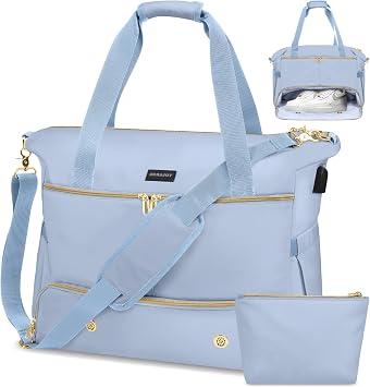 ZRRAJOY Weekender Overnight Bag for Women, Large Travel Duffel with Shoe Compartment, Wet Pocket, USB Charging Port, Carry-On Gym Tote Bag Blue