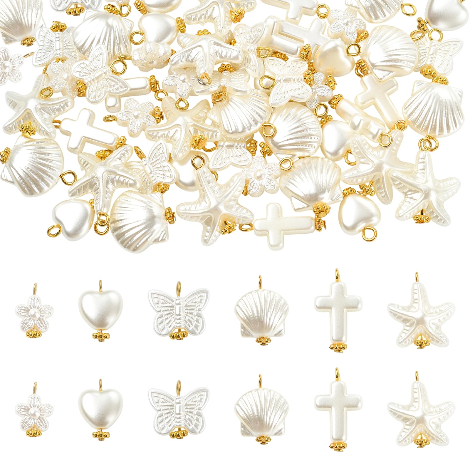 LEGENTLISUR 60Pcs White Pearl Charms for Jewellery Making ABS Plastic Imitation Pearl Pendant Charms Bulk with Iron Findings for Bracelets Necklace Earring Keychains DIY Crafts