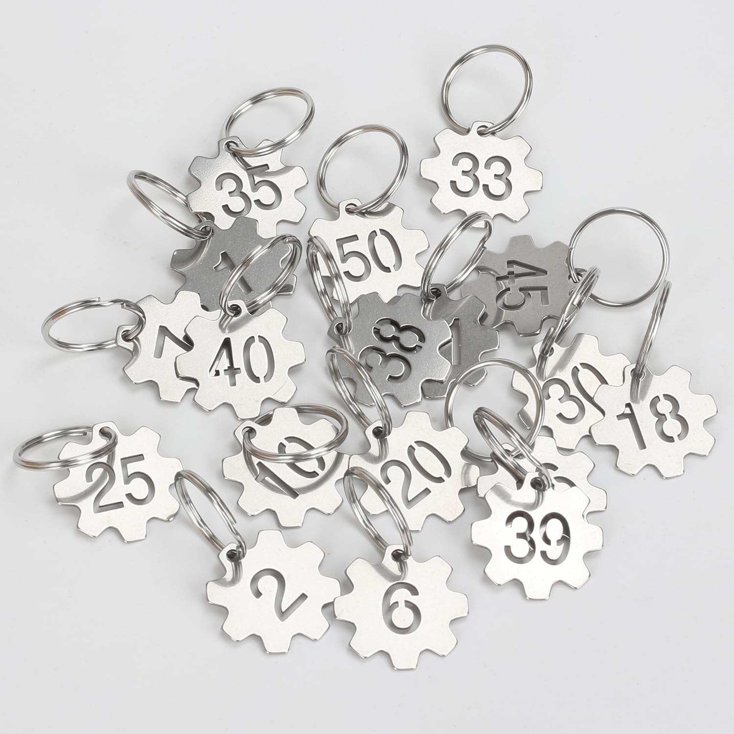 Numbered Key Tags with Rings, Gear Shape 304 Stainless Steel Number Labels, Metal Number Tags, Keychain ID Labels