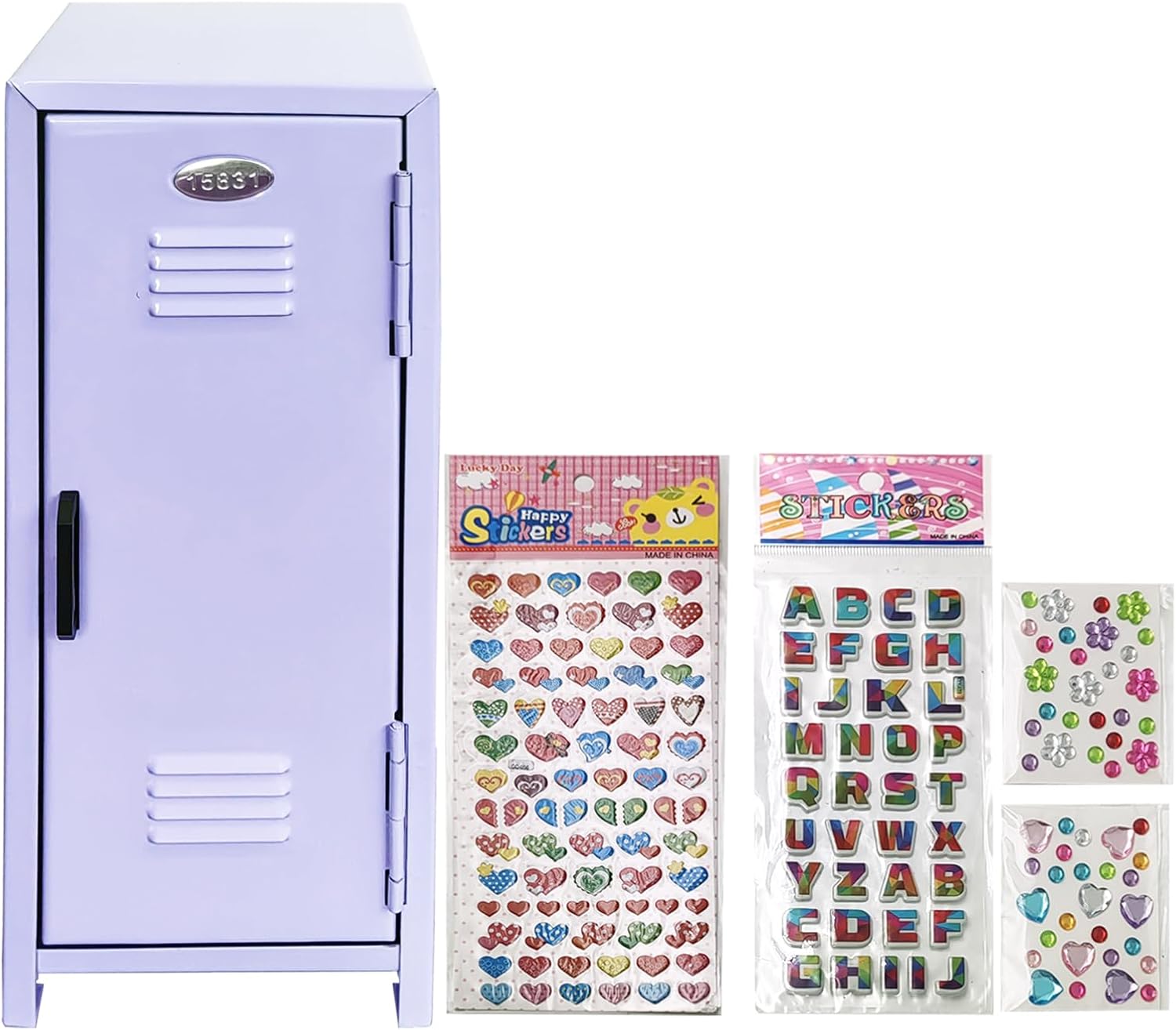 Mini Locker with Lock Key Stickers Box Metal Small Locker Mini Locker Miniature Storage Girls Lockbox Desktop Storage Organizer for Cash Money Jewelry Safe Dollhouse Furniture Accessories (Purple)