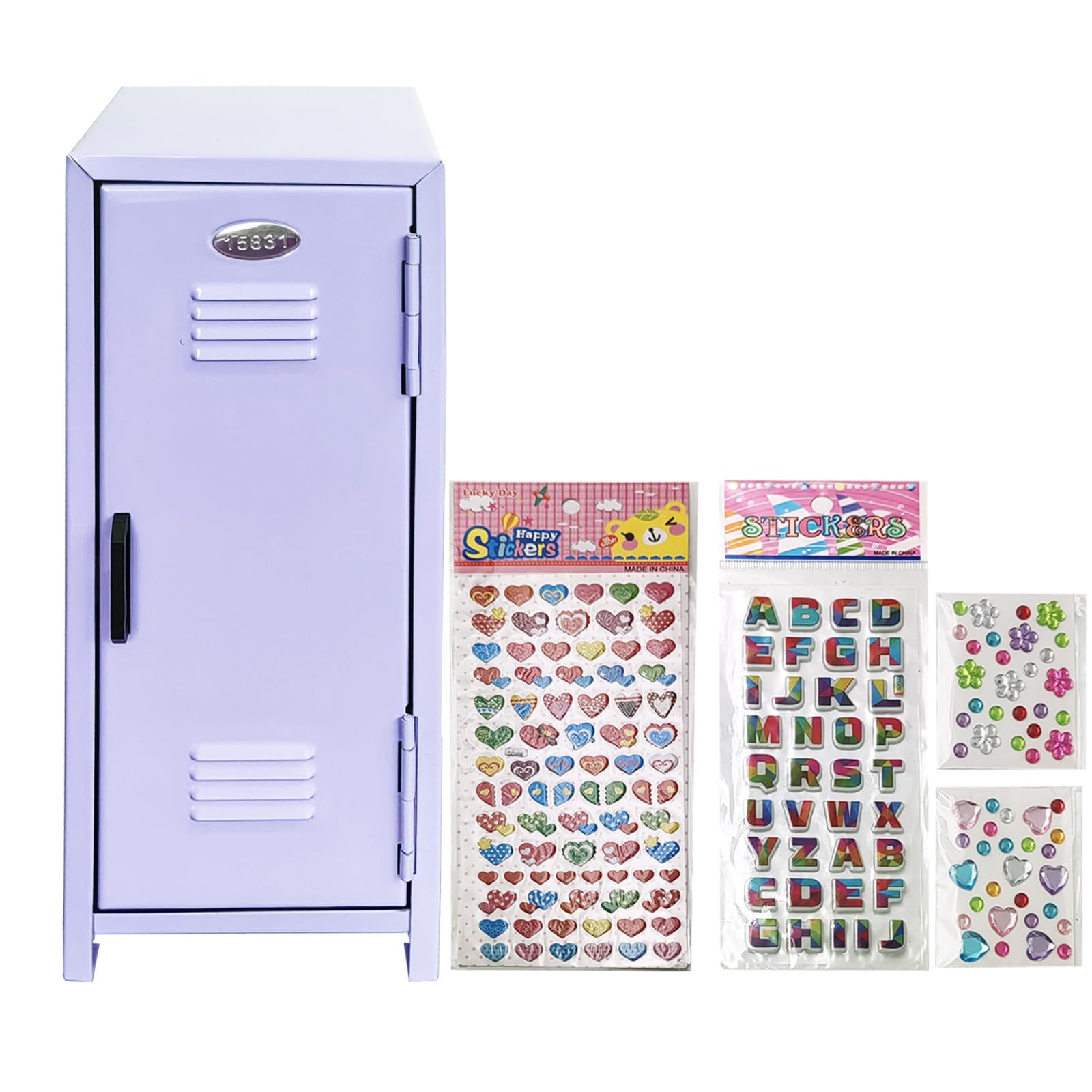 Mini Locker with Lock Key Stickers Box Metal Small Locker Mini Locker Miniature Storage Girls Lockbox Desktop Storage Organizer for Cash Money Jewelry Safe Dollhouse Furniture Accessories (Purple)