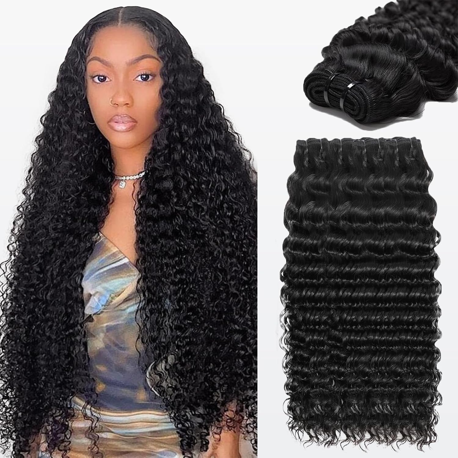 Brazilian Deep Wave Bundles Human Hair With Frontal(26 28 30 + 20,Free Part) 100% Natural Human Hair Extensions 13x4 HD Transparent Lace Frontal With Black Deep Wave Weave 3 Bundles Real Human Hair