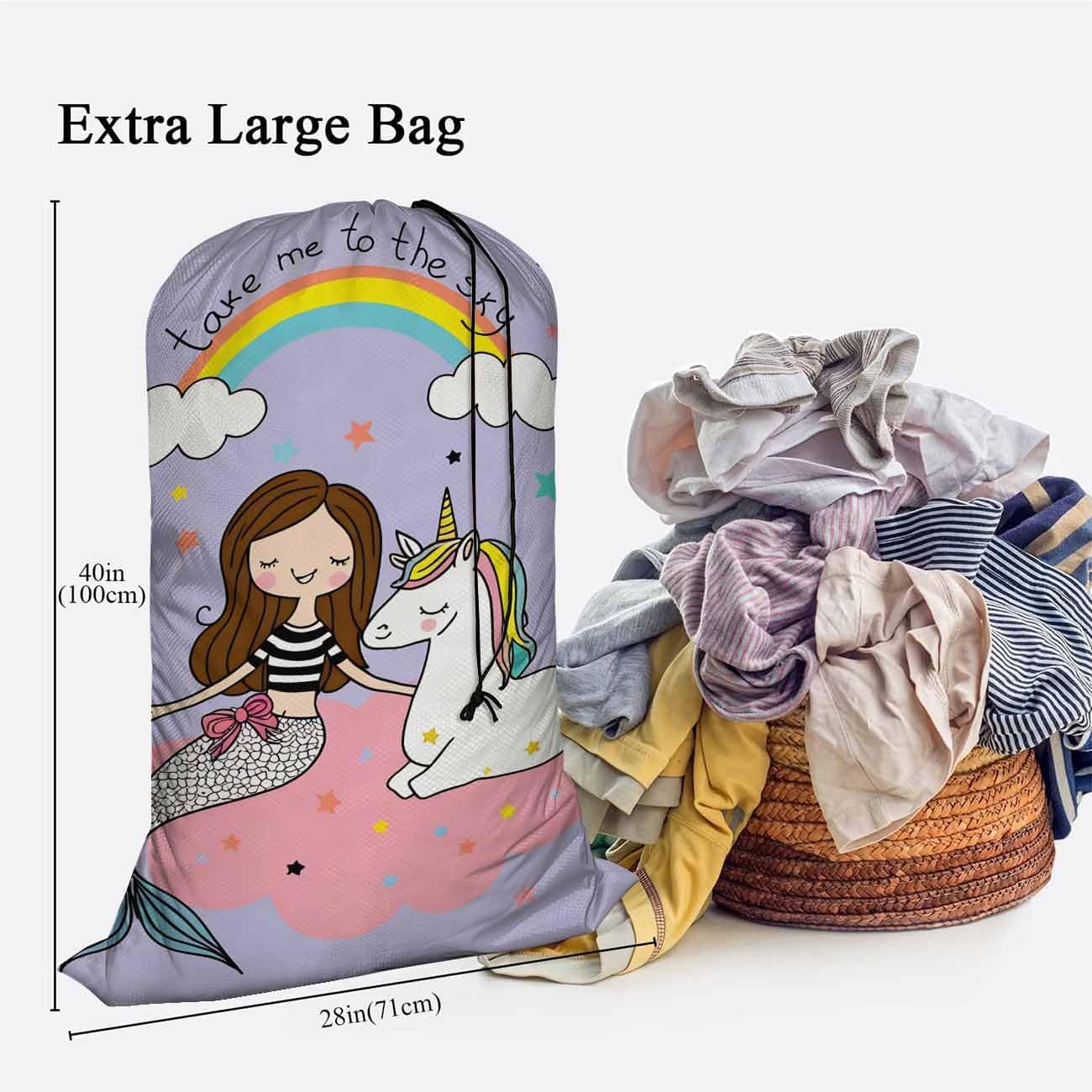 Swono Large Capacity Laundry Hamper Basket Unicorn And Mermaid Sitting at The Pink Cloud Rainbow Stars Storage Baskets for Bedroom Bathroom Dorm Dining Room, Oxford Cloth 28x40 Inch