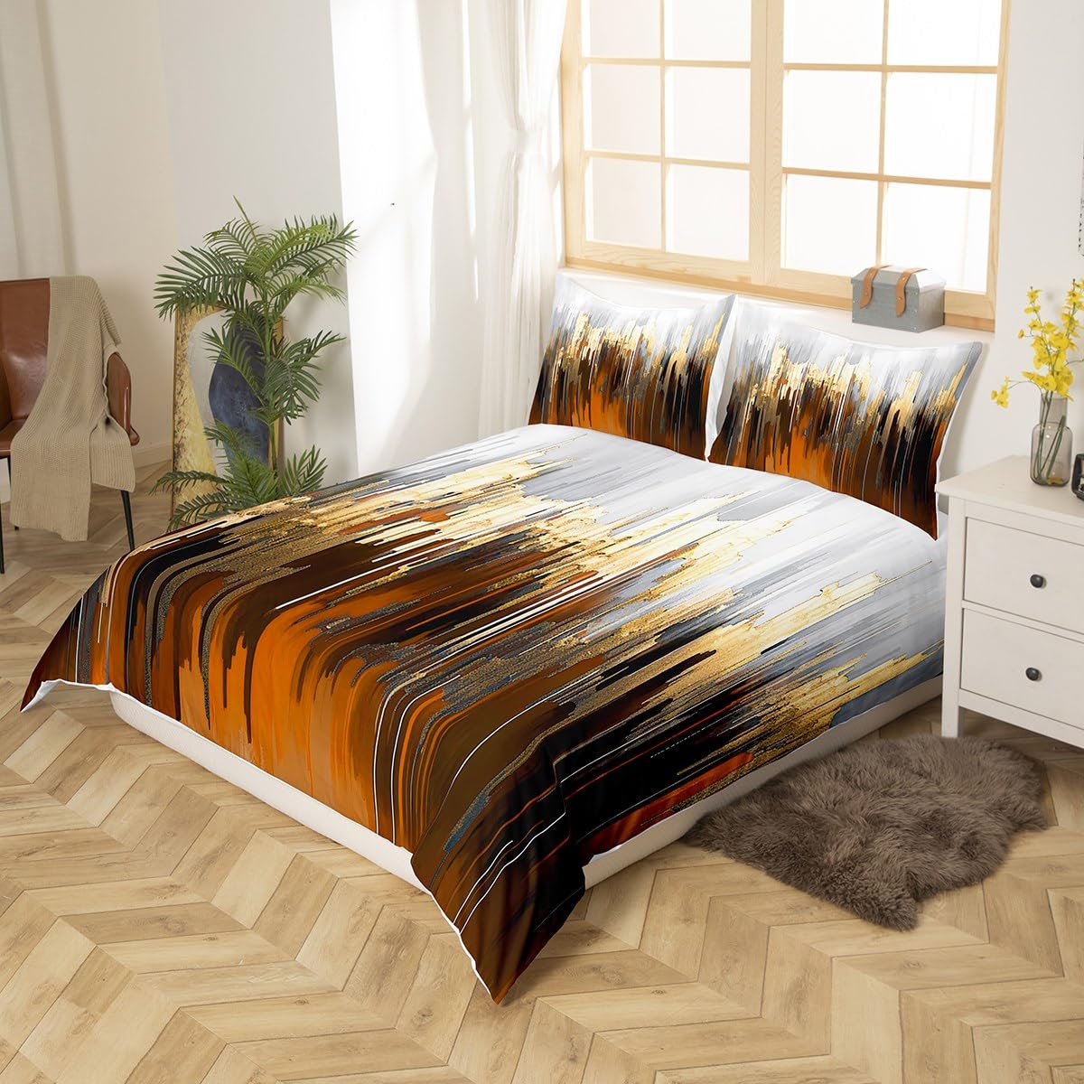 Brown Bedding Sets King Ombre Abstract Comforter Cover, Brush Marks Gradient Bed Set Contemporary Golden Metallic Duvet Cover - Image 2