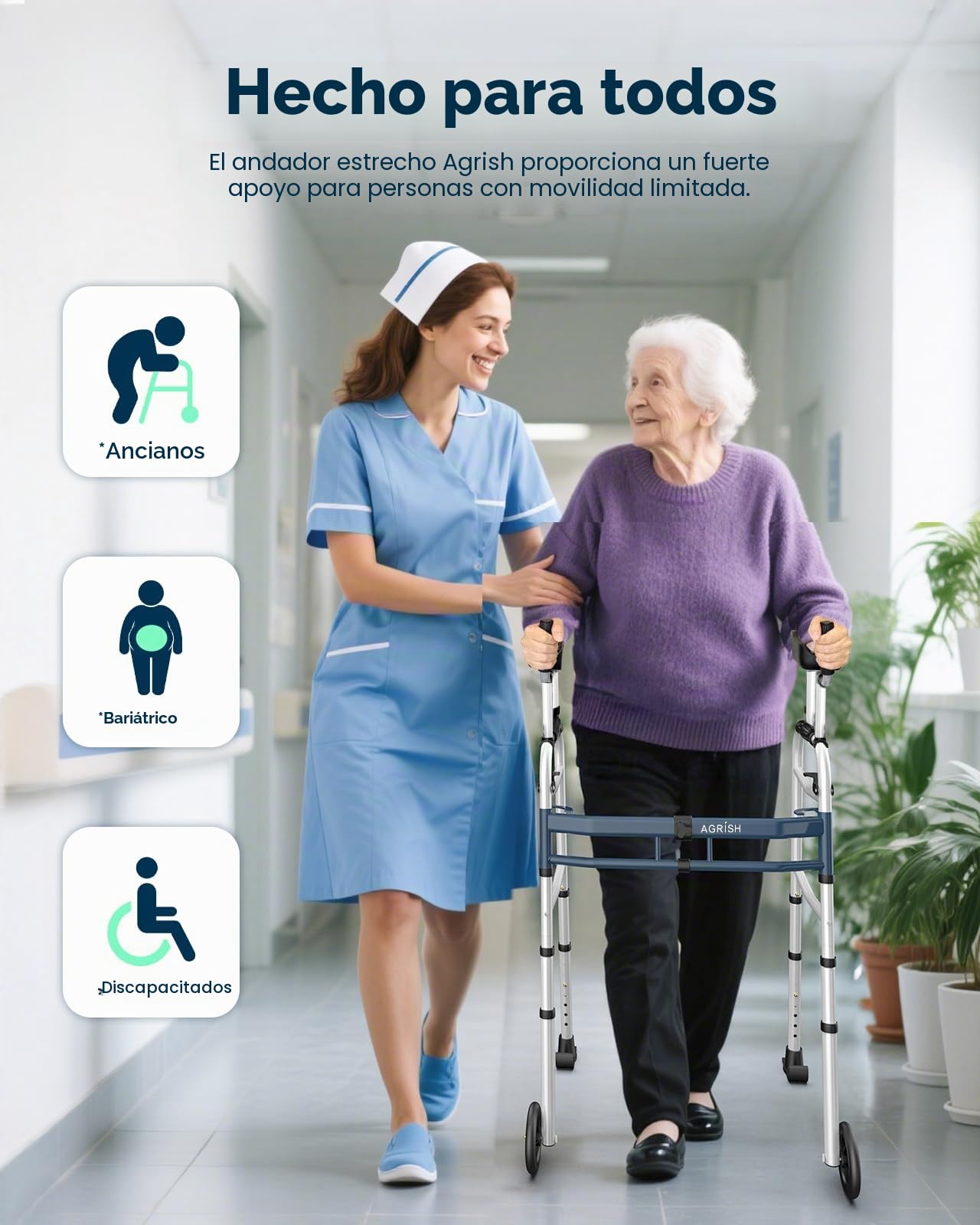 Andador Vertical Estrecho para Espacios Reducidos, Anchura 5 Niveles Altura 10 Niveles Regulable, Tacataca Plegable para Puertas Angostas, Caminadores Ligeros para Ancianos Mayores