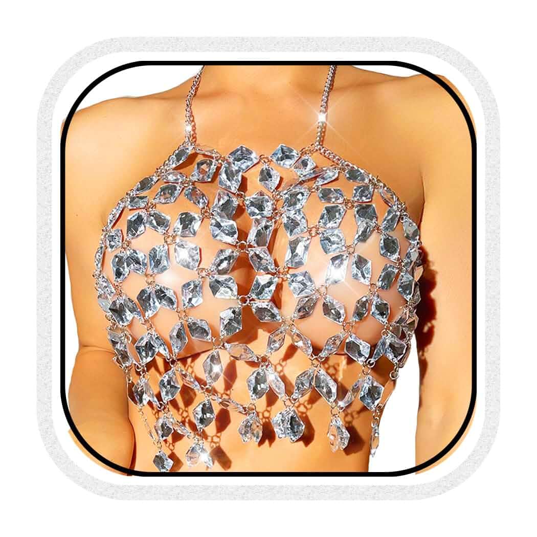 BODIY Crystal Body Chain Top Rhinestones Halter Crop Tops Silver Chest Chain Bra Body for Women