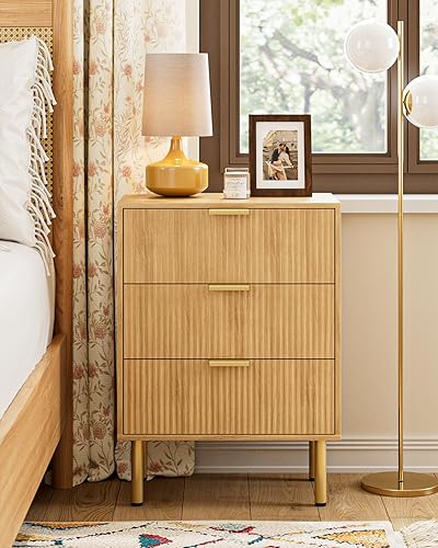 Miniatura 19 de Mesita de noche, mesita de noche de 25.7 pulgadas de alto con estante de 2 cajones, mesita de noche Morden con marco dorado, mesa auxiliar acanalada