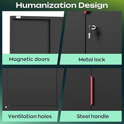 Vista 6 de Armario de almacenamiento de garaje de 71 pulgadas de alto con ruedas, armarios de metal con 4 estantes ajustables y 2 puertas de bloqueo para Negro