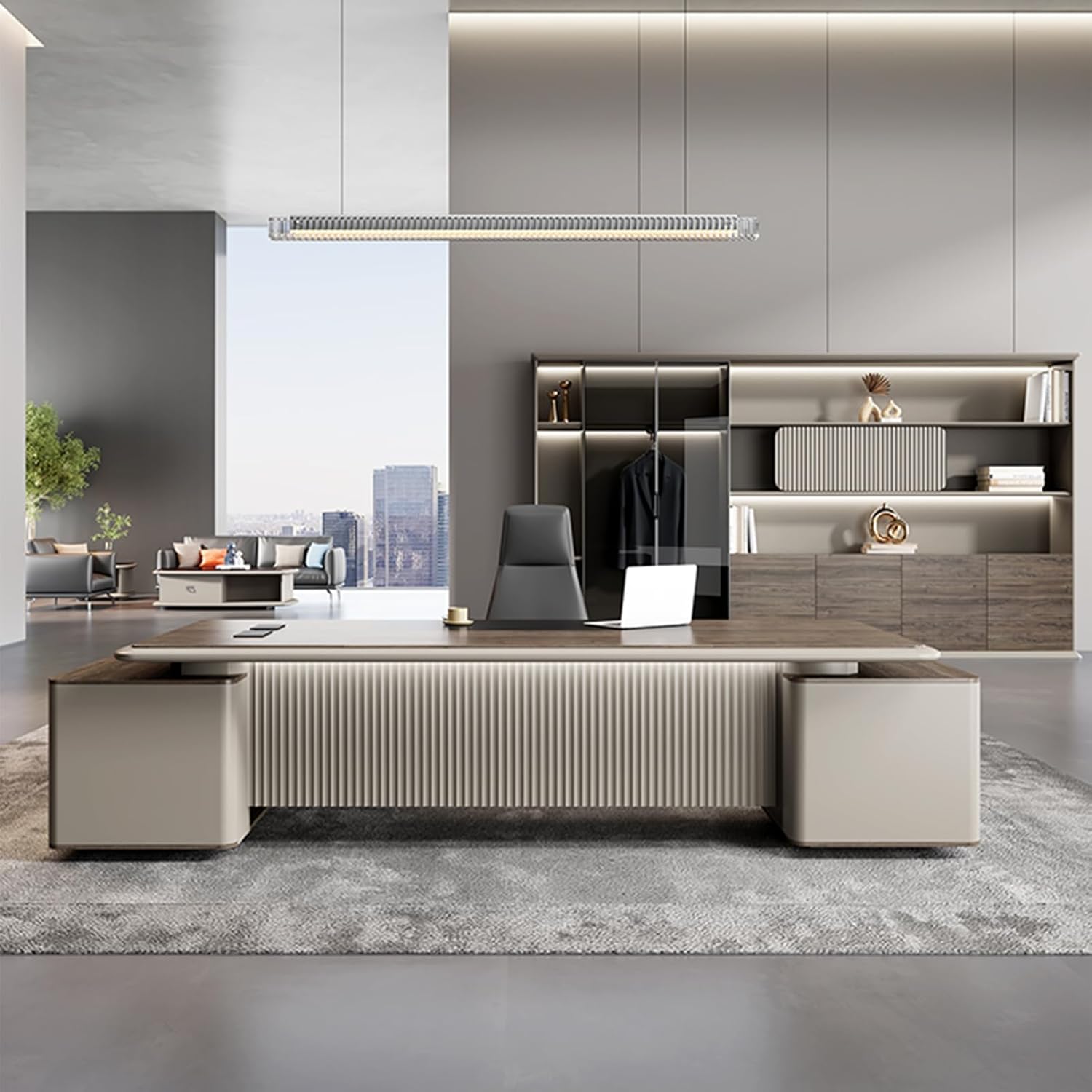 L Shaped Grey Computer Desk Executive Office Desk with Lateral Cabinet Study Writing Table Business Furniture Set for Home Office