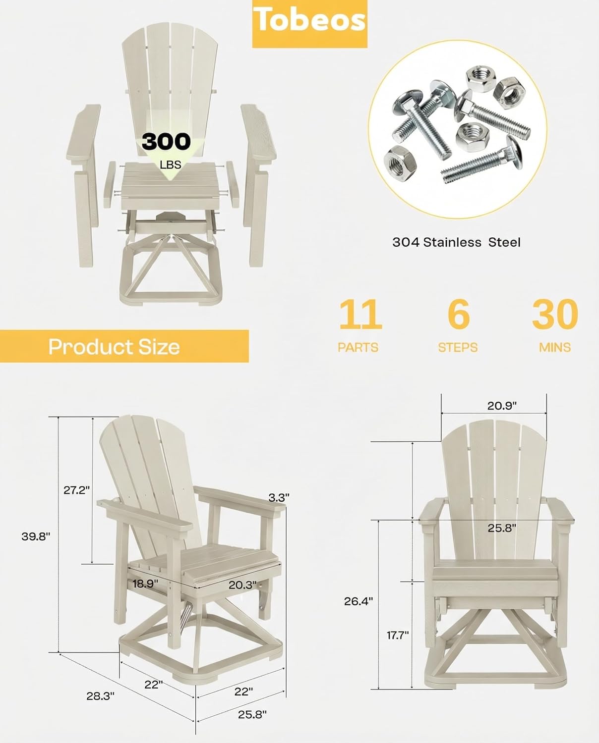 HDPE Outdoor Swivel Glider Rocking Chair Set of 2, Oversized Patio Rocking Chair with 360° Swivel & Smooth Glide, Heavy Duty Outdoor Chair for Porch, Deck, Lawn, Poolside (White)