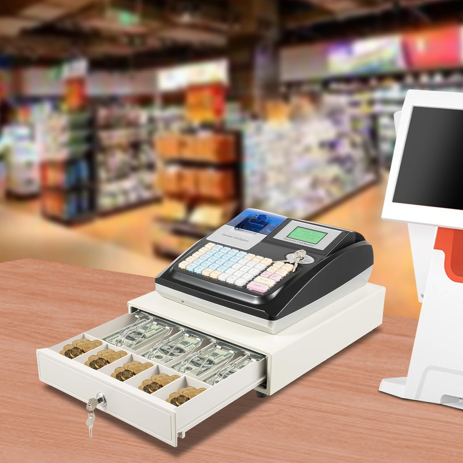 Portable Cash Register for Small Businesses, 48 Keys Electronic Cash Register Cash Management System with Drawer and LED Display, 2.4in/s Printing Speed Registration Boxe POS System 110V