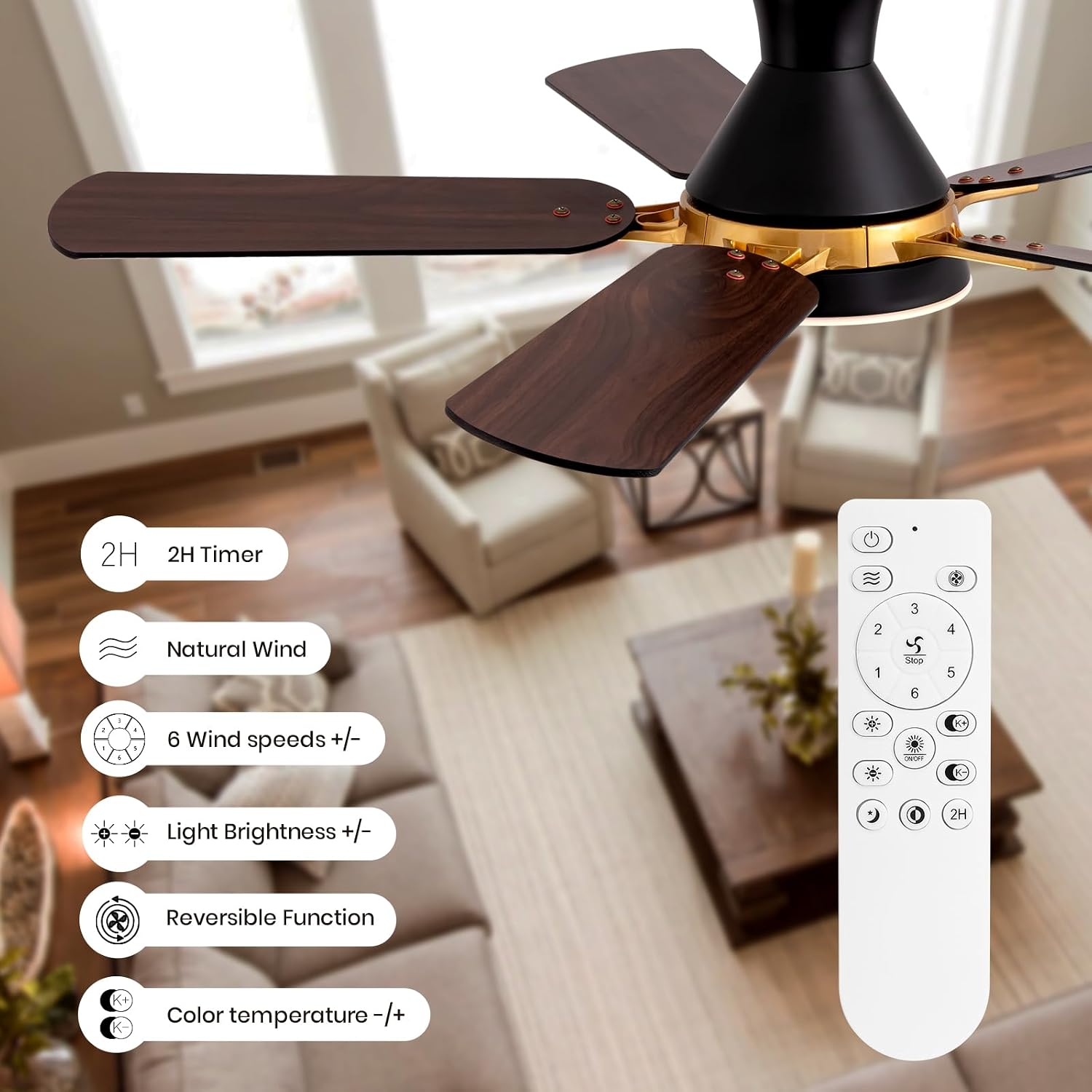 42" Ceiling Fans with Lights and Remote Control/APP LED Dimmable Low Profile Ceiling Fan Gold and Black Flush Mount Ceiling Fan Light for Bedroom Living Dining Room Patio