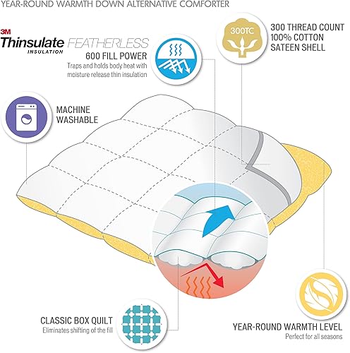 Miniatura 6 de Sleep Philosophy Thinsulate Fibers 3M Scotchgard - Edredón alternativo que absorbe la humedad con funda de satén de algodón de 300 hilos, tamaño