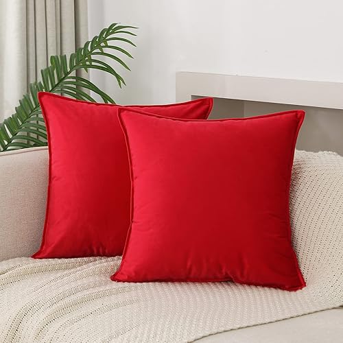 JIAHANNHA Juego de 2 fundas de almohada de terciopelo rojo de 24 x 24 pulgadas, fundas de cojín cuadradas suaves y decorativas para sofá, cama, sala