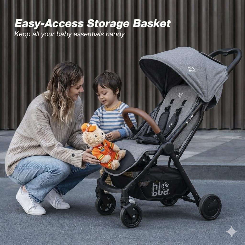 HiBud Baby Stroller, Lightweight Compact Stroller with One-Hand Auto Folding, 5-Point Harness, Adjustable Footrest, Multi-Position Recline, Carry Strap, Supports up to 40 lbs (Grey)