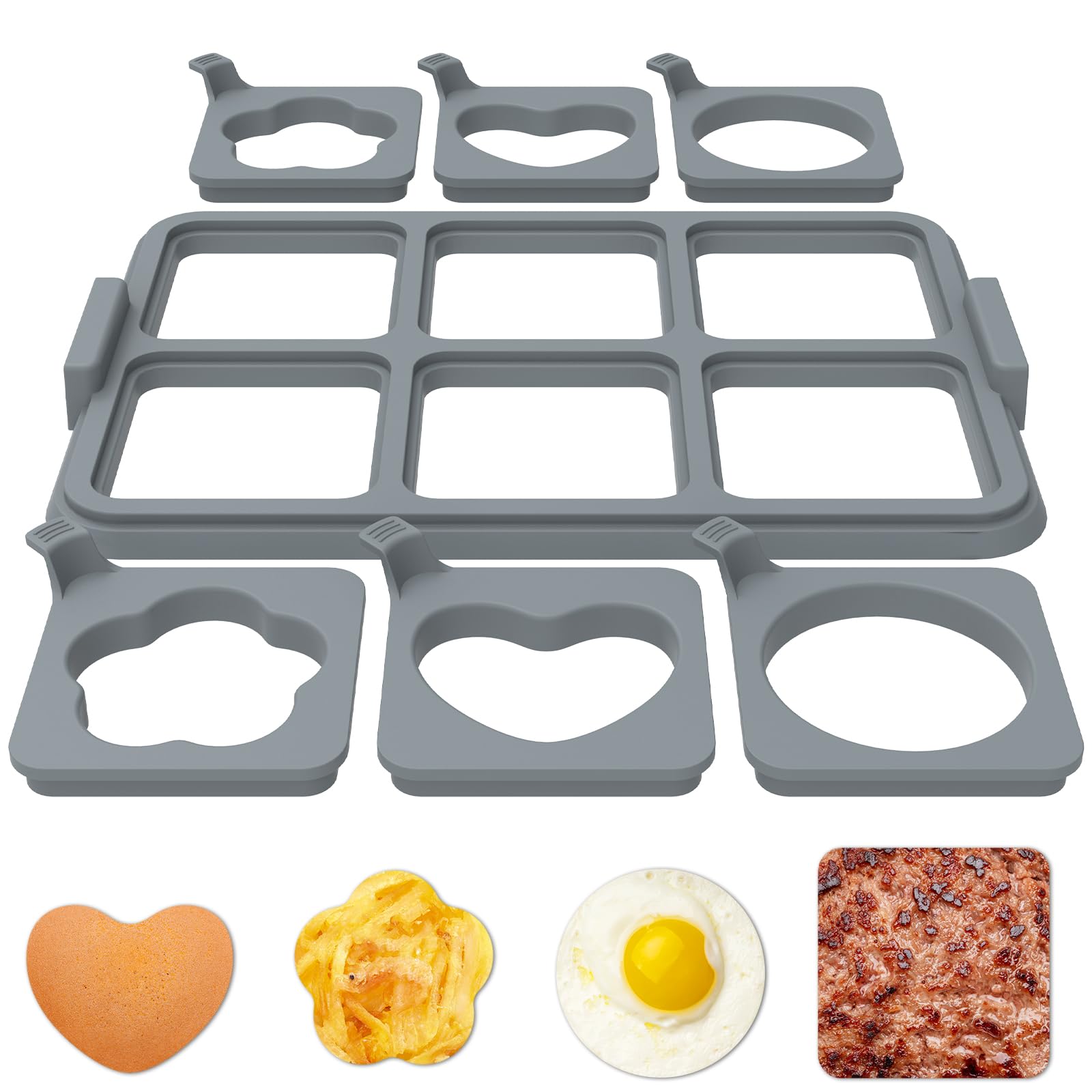 FALESOUL 7Pcs Griddle Egg Ring Tray, Non-Stick Silicone Omelette Molds, Round, Heart & Flower Shapes, Easy to Clean, Heat Resistant