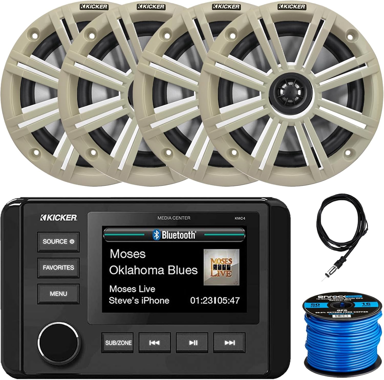 KICKER 51KMC4 3" LCD Marine Bluetooth Weather-Resistant Gauge-Style AM/FM WB/USB/AUX Media Center Receiver, 4X 6.5 195W Peak Power Coaxial Speakers W/White Grille, Radio Antenna, Speaker Wire
