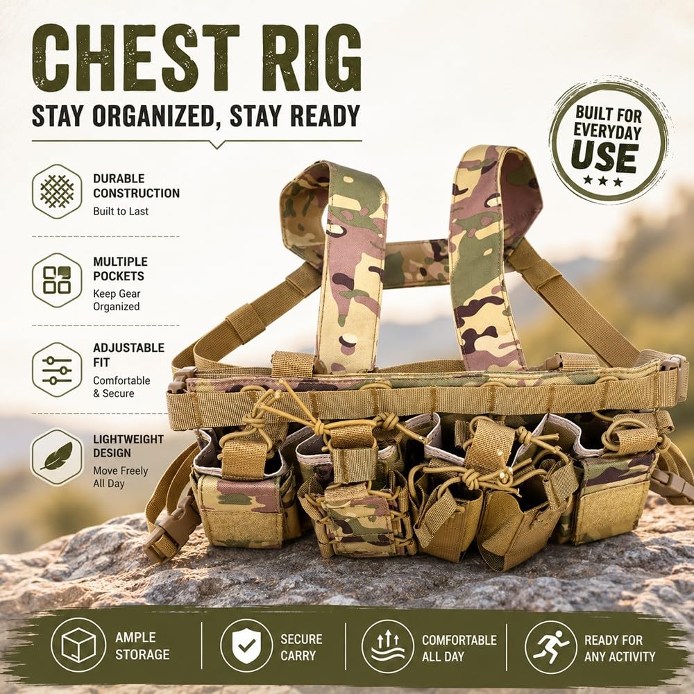 Chaleco Chest Rig Táctico MOLLE Hombre Mujer, Bolsa De Pecho Con Arnés Ajustable Y Bolsillos Para Cargadores Airsoft Caza Paintball Senderismo Camping Y Actividades Outdoor